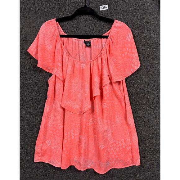 Torrid Doodle Print Georgette Ruffle Blouse Womens Size 2 (2X) Neon Coral - Picture 1 of 6